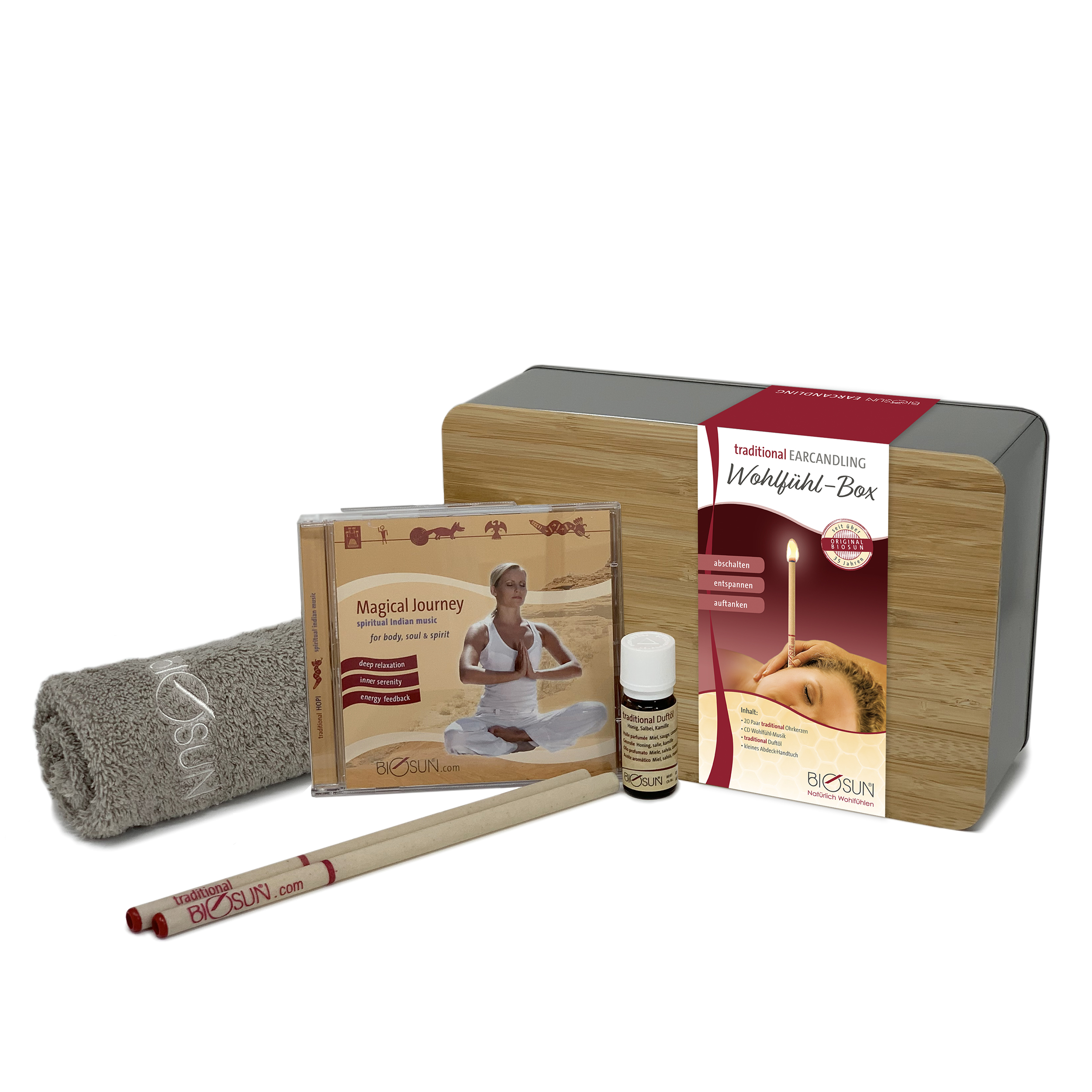 20 Paar traditional Ohrkerzen, CD, Duftöl & Handtuch in Metallbox mit Bambus-Deckel